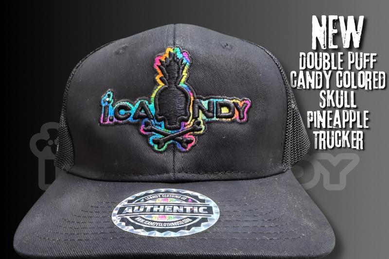 i.Candy Black Double Puff Candy Colored Skull Pineapple Trucker