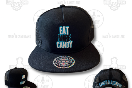 Black on Black Eat More Candy Flat Bill Double Sided Logo with Blue Outline