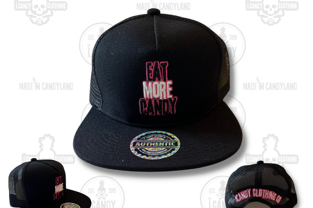 Black on Black Eat More Candy Flat Bill Double Sided Logo with Pink Outline