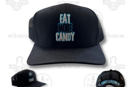 Black on Black Eat More Candy Trucker Hat Double Sided with Blue Outline
