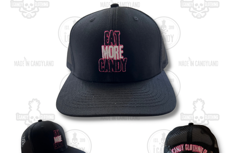 Black on Black Eat More Candy Trucker Hat Double Sided with Pink Outline