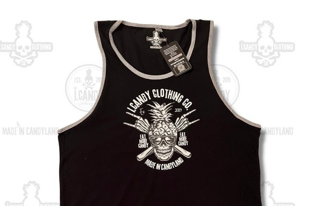 Black with Silver Piping Skull Pineapple Rock Horns Tank Top 