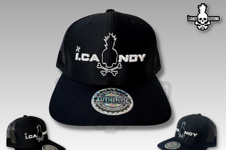 i.Candy Black on Black Trucker hat with white puff logo 