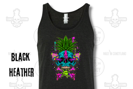 Men's Black Heather Tank with Skull Pineapple Mushrooms 