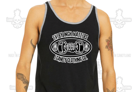 Men's black with grey piping tank top every inch matters logo 