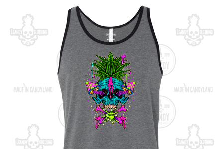 Men's Charcoal Grey with Black Piping Tank Skull Pineapple Mushrooms