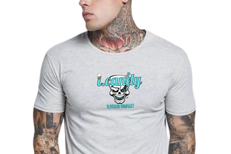 Men's light grey curved hem t-shirt with i.Candy skull logo