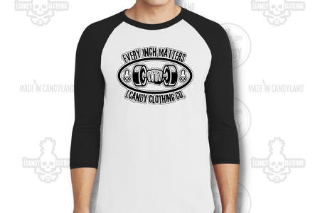 Men's i.Candy White with Black Sleeves 3/4 Length Raglan Every Inch Matters