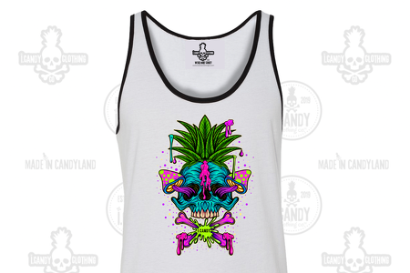 Men's White with Black Piping Tank Skull Pineapple Mushrooms 
