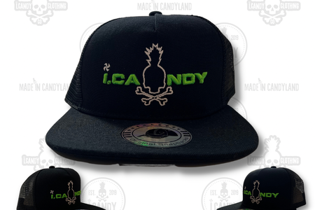 Black with Neon Green i.Candy Puff Logo with Skull Pineapple Outline Flat Bill Hat