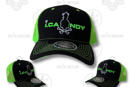 Black and Neon Green Trucker Style Hat with i.Candy Puff and White Outline