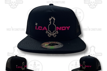 Black with Neon Pink i.Candy Puff Logo with Skull Pineapple Outline Flat Bill Hat