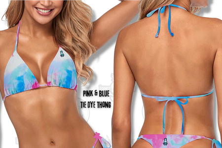 Women's Tie Side Thong Bikini Pink & Blue Tie Dye