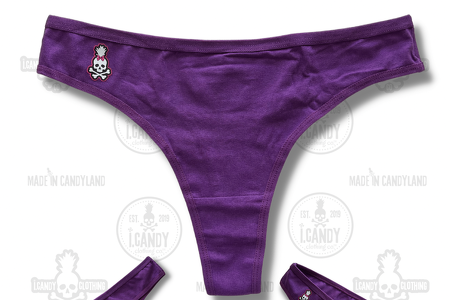 Purple Cotton Thong Panties with Skull Pineapple Bow Logo