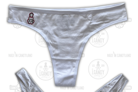 White Cotton Thong Panties with Skull Pineapple Bow Logo