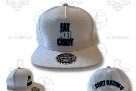 White on White Eat More Candy Flat Bill Double Sided Hat with Blue Outline