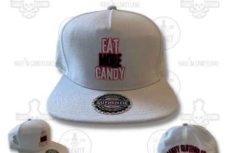 White on White Eat More Candy Flat Bill Double Sided Hat with Pink Outline