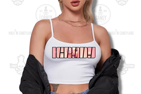 Women's White Spaghetti Strap Crop Top i.Candy Picture Logo