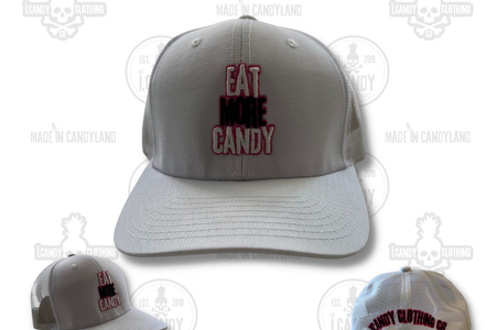 White on White Eat More Candy Trucker Hat Double Sided with Pink Outline