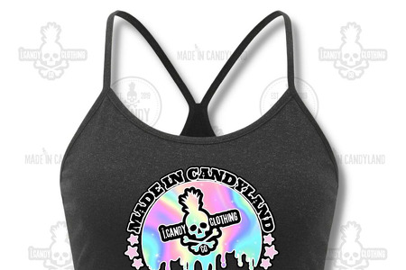Women's black racerback crop top made in candyland rainbow drips 