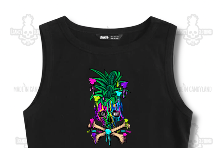 Women's Black Sleeveless Crop Skull Pineapple Paint Drips