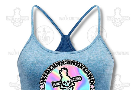 Women's blue racerback crop top made in candyland rainbow drips 