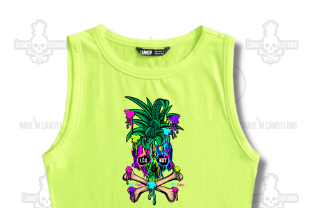 Women's Neon Lime Sleeveless Crop Skull Pineapple Paint Drips