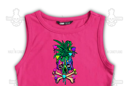 Women's Neon Pink Sleeveless Crop Skull Pineapple Paint Drips