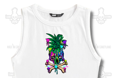 Women's White Sleeveless Crop Skull Pineapple Paint Drips 