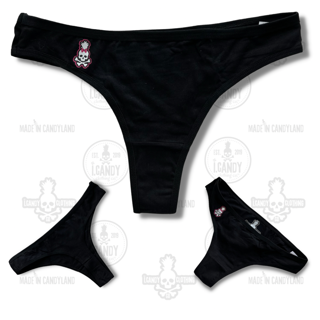 Black Cotton Thong Panties with Skull Pineapple Bow Logo