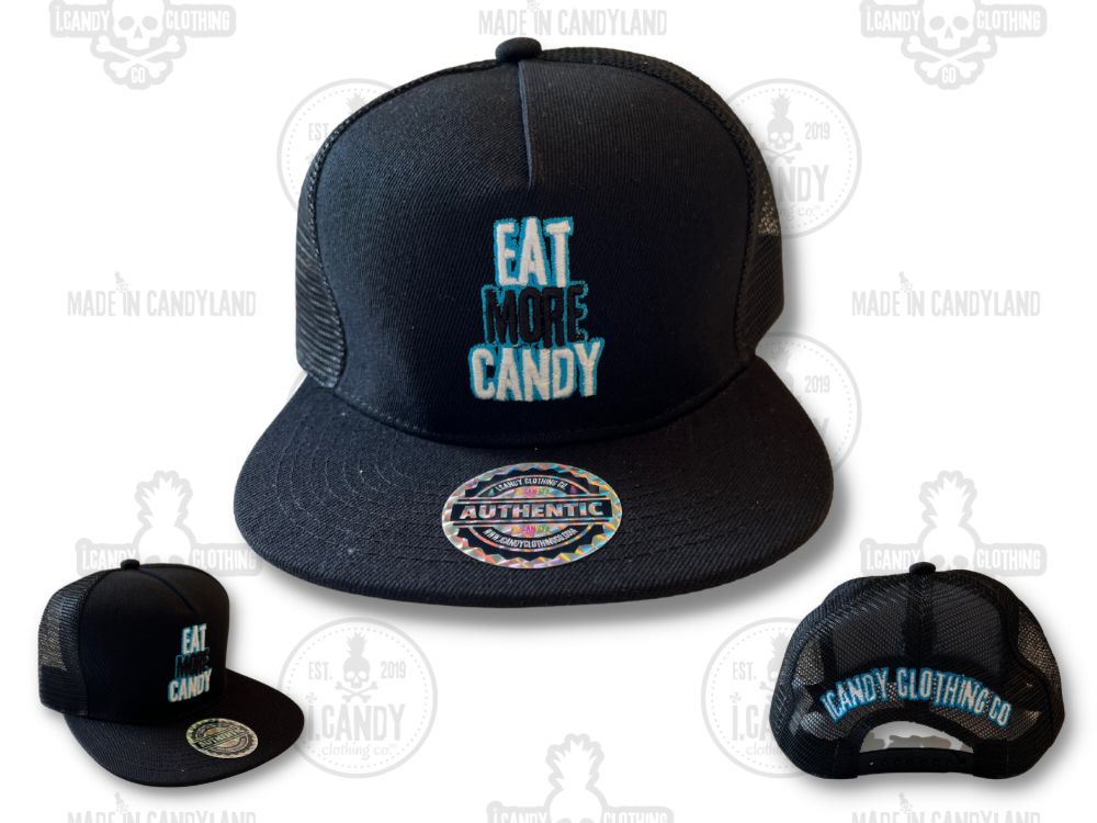 Black on Black Eat More Candy Flat Bill Double Sided Logo with Blue Outline