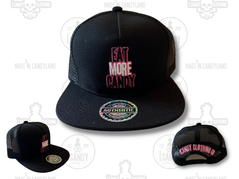 Black on Black Eat More Candy Flat Bill Double Sided Logo with Pink Outline