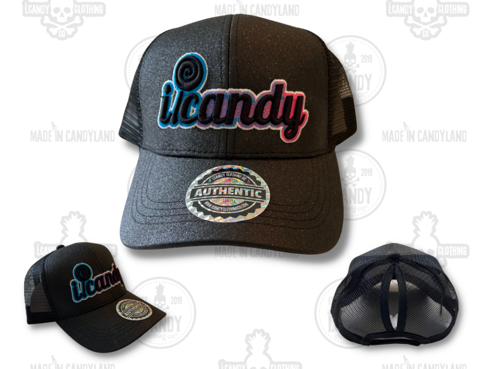 Black on Black Glitter i.Candy Lollipop Logo Ponytail Trucker Hat