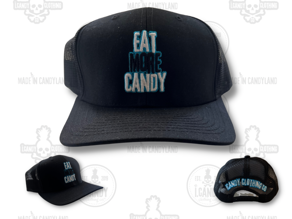 Black on Black Eat More Candy Trucker Hat Double Sided with Blue Outline