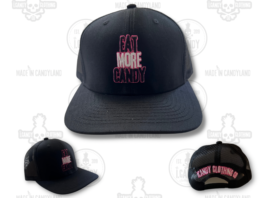 Black on Black Eat More Candy Trucker Hat Double Sided with Pink Outline