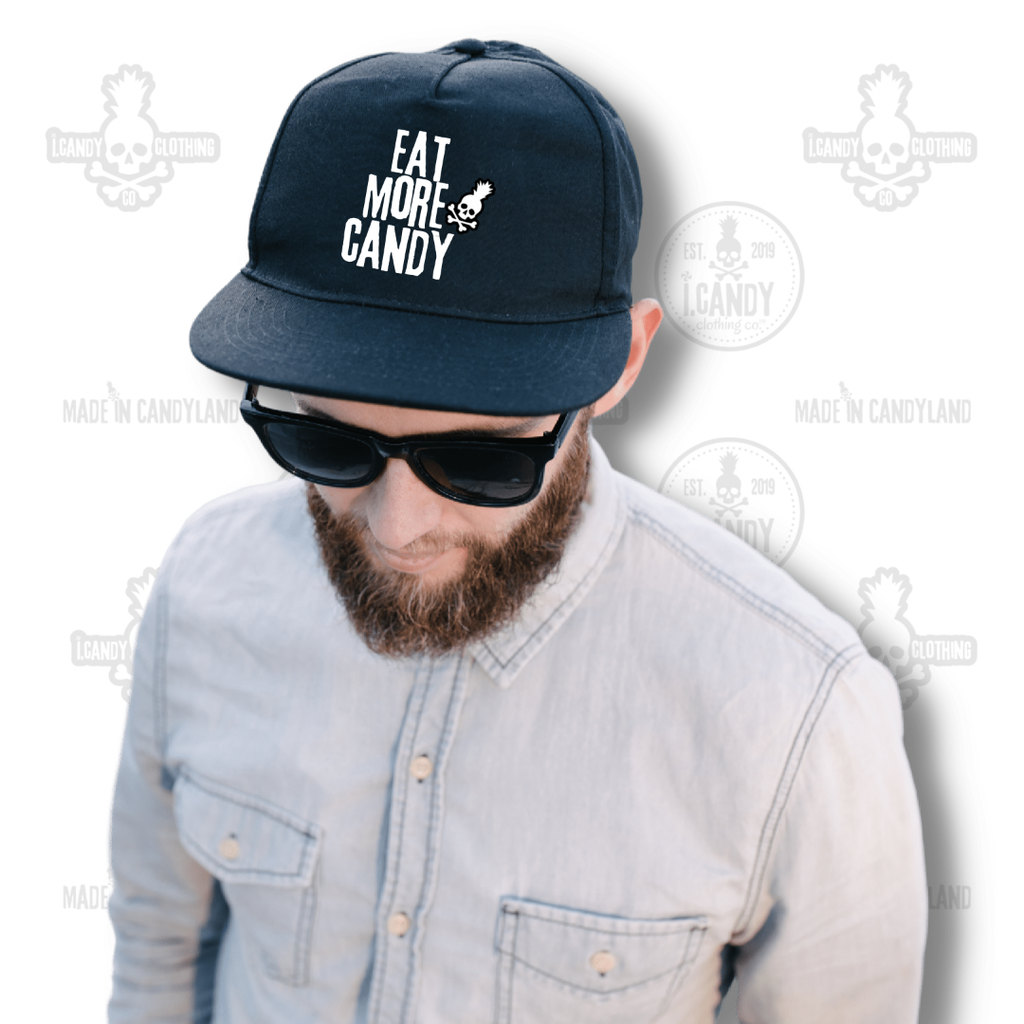 Black with White Eat More Candy Flat Bill Hat