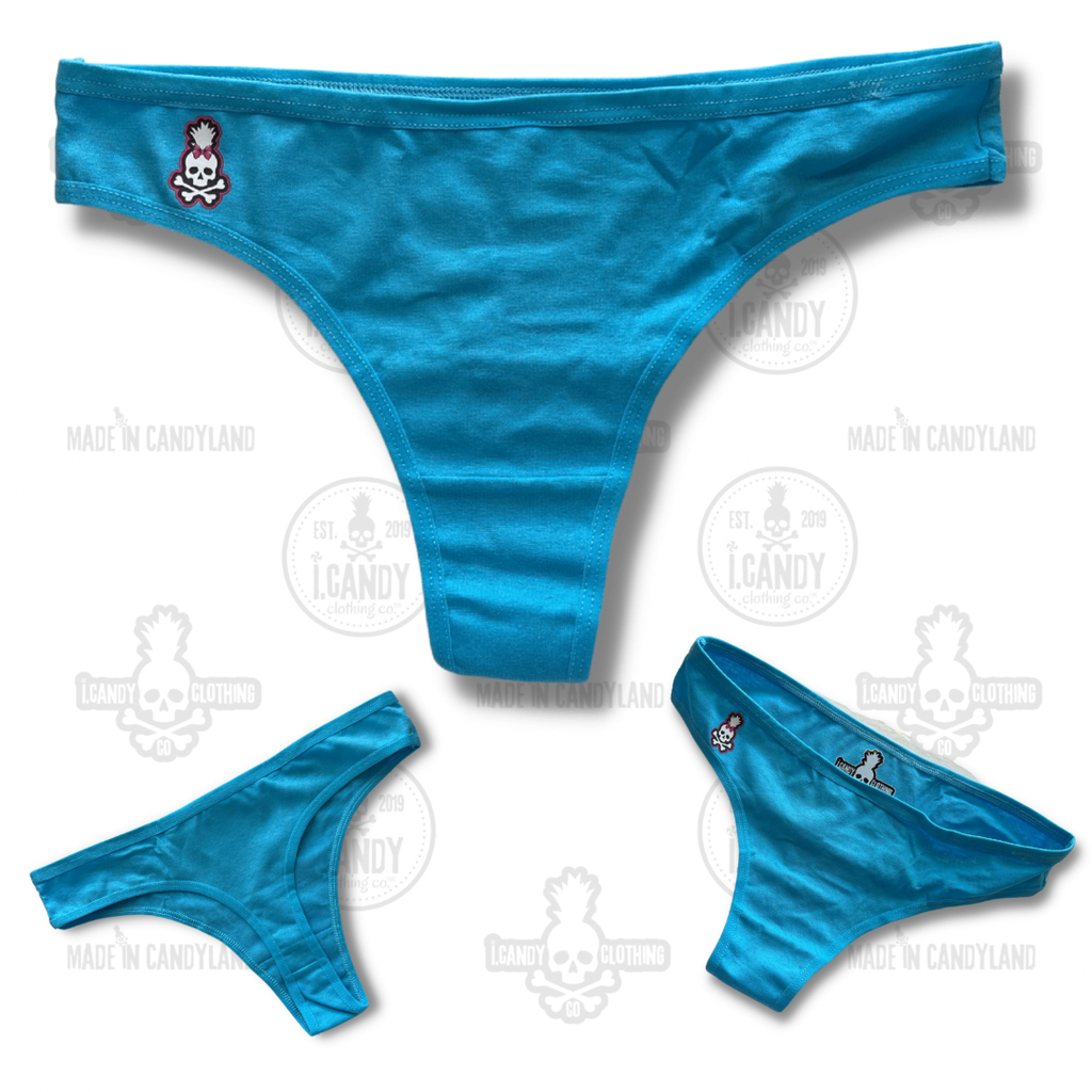 Blue Cotton Thong Panties with Skull Pineapple Bow Logo