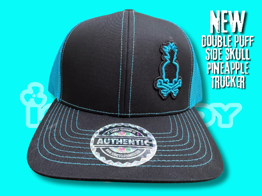 i.Candy Neon Blue Double Puff Side Skull Pineapple Trucker