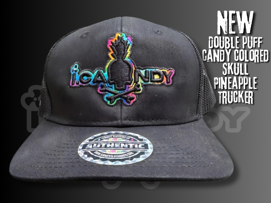 i.Candy Black Double Puff Candy Colored Skull Pineapple Trucker