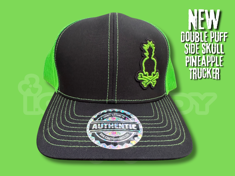 i.Candy Neon Green Double Puff Side Skull Pineapple Trucker