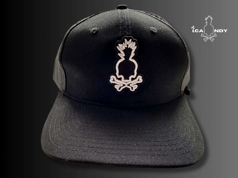 Black on Black Double Puff Skull Pineapple Logo White Stitching Front Panel Trucker Hat