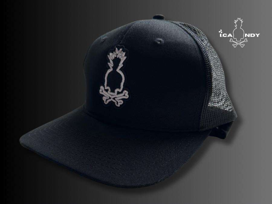 Black on Black Double Puff Skull Pineapple Logo White Stitching Front Panel Trucker Hat