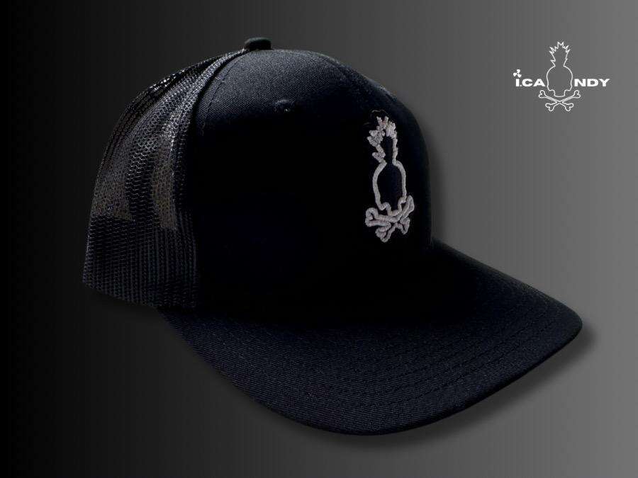 Black on Black Double Puff Skull Pineapple Logo White Stitching Front Panel Trucker Hat