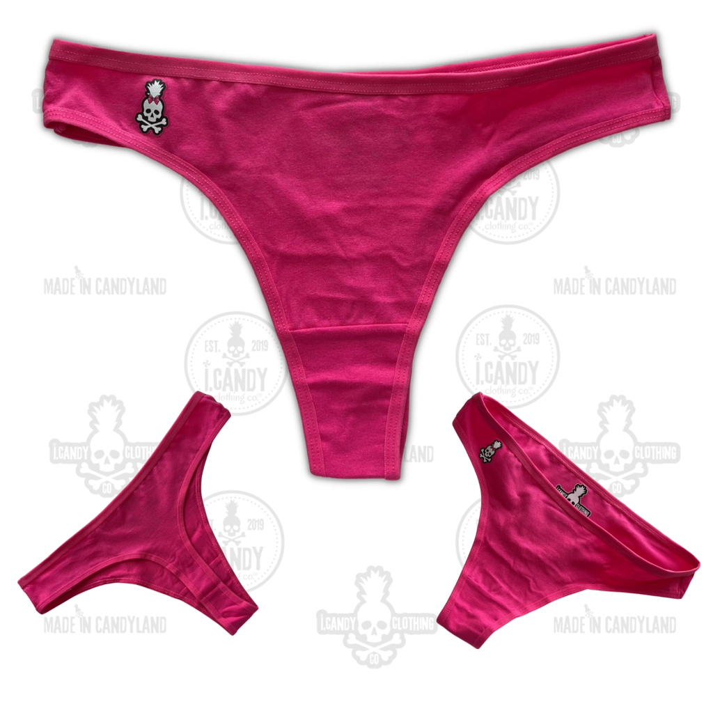 Hot Pink Cotton Thong Panties with Skull Pineapple Bow Logo