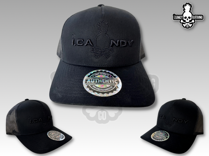 i.Candy Black on Black Trucker hat with Black Out Logo
