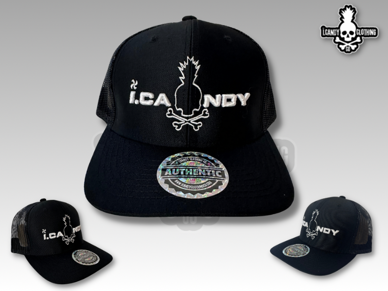 i.Candy Black on Black Trucker hat with white puff logo 
