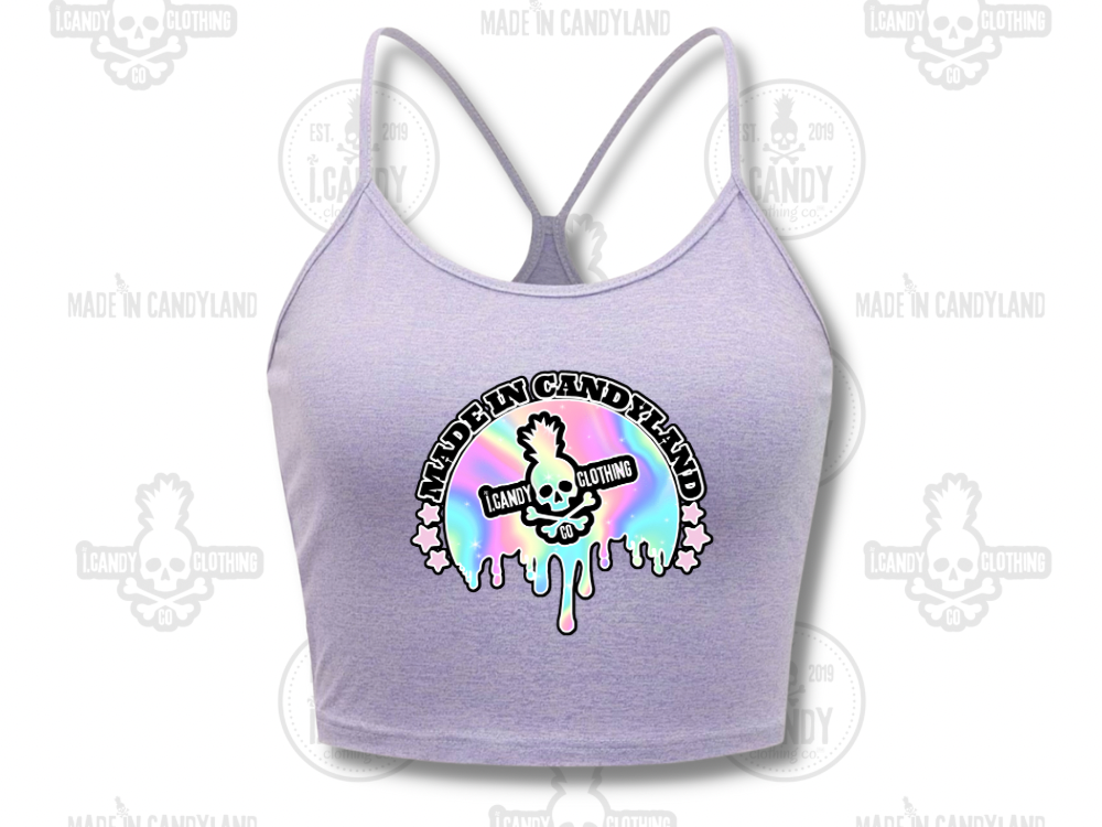 Women's Lilac Purple Racerback Crop Top Made in Candyland Rainbow Drips