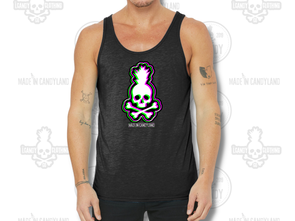 Men's Black Heather tank with Radiant skull pineapple Made in Candyland