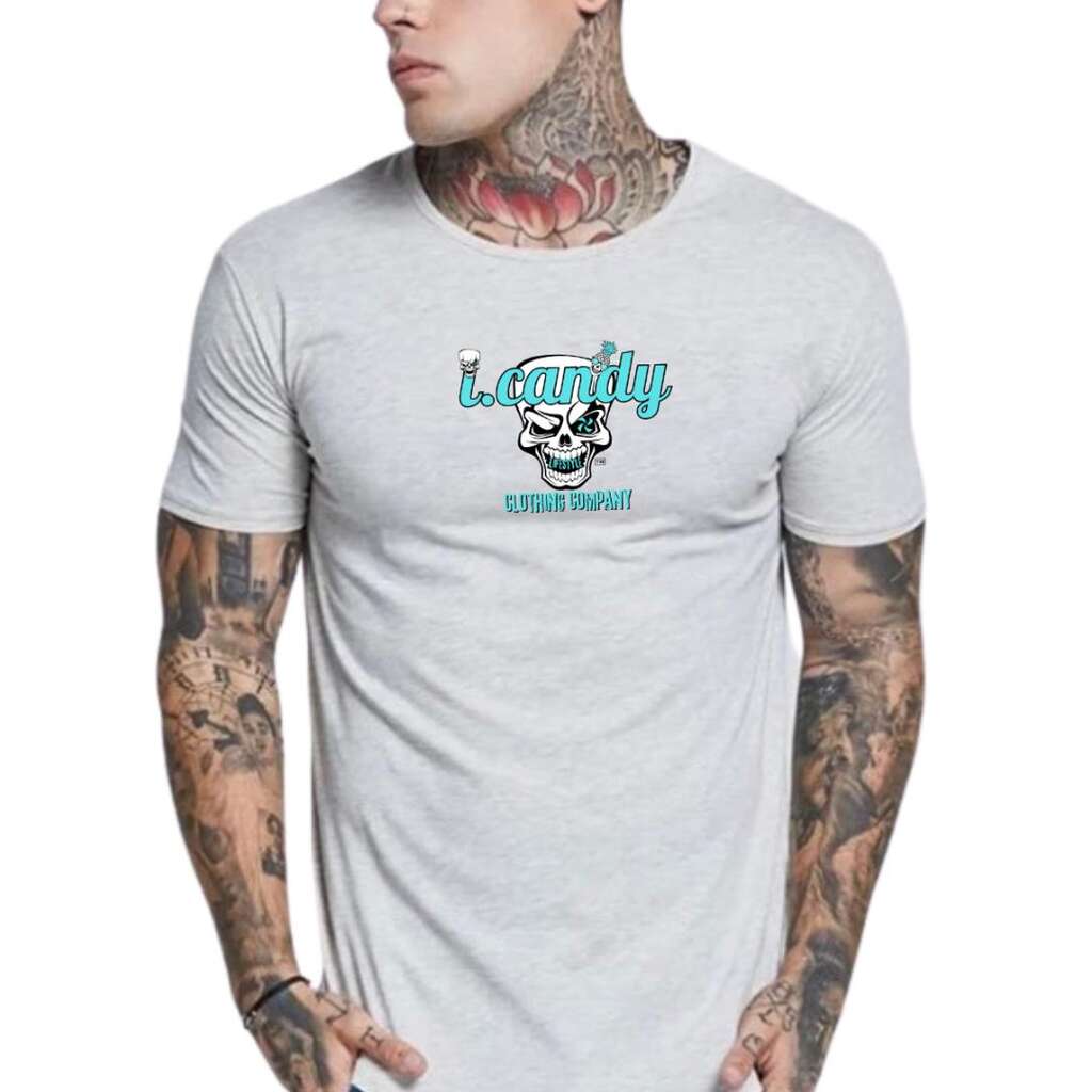 Men's light grey curved hem t-shirt with i.Candy skull logo