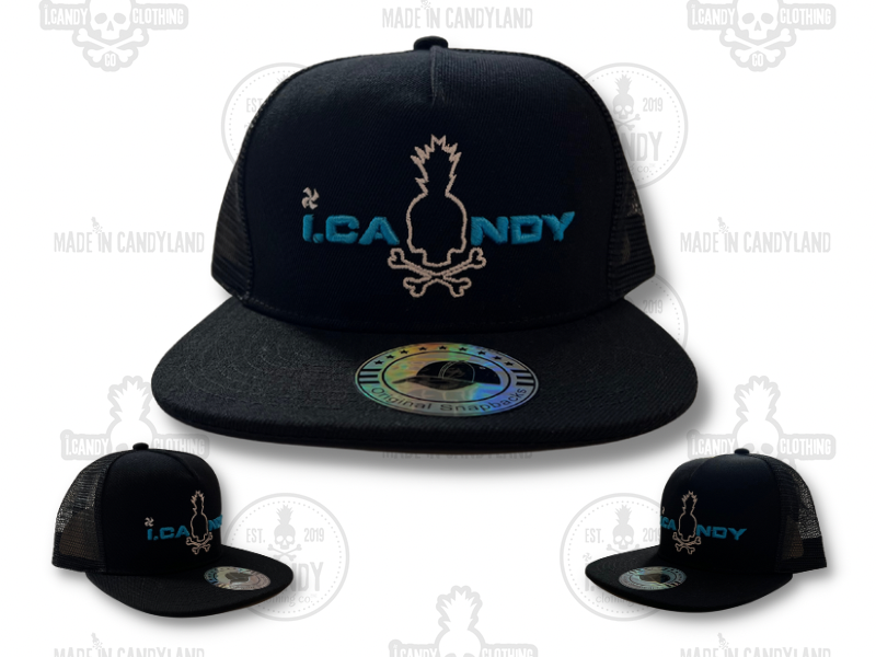 Black with Neon Blue i.Candy Puff Logo with Skull Pineapple Outline Flat Bill Hat